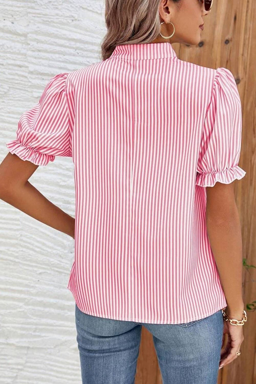 Pink Stripe Notched Neck Frilled Short Puff Sleeve Blouse Pink Stripe Notched Neck Frilled Short Puff Sleeve Blouse