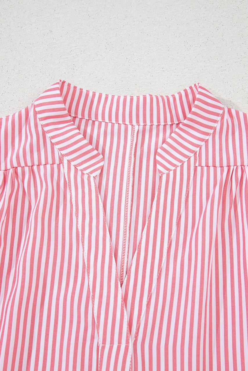 Pink Stripe Notched Neck Frilled Short Puff Sleeve Blouse Pink Stripe Notched Neck Frilled Short Puff Sleeve Blouse