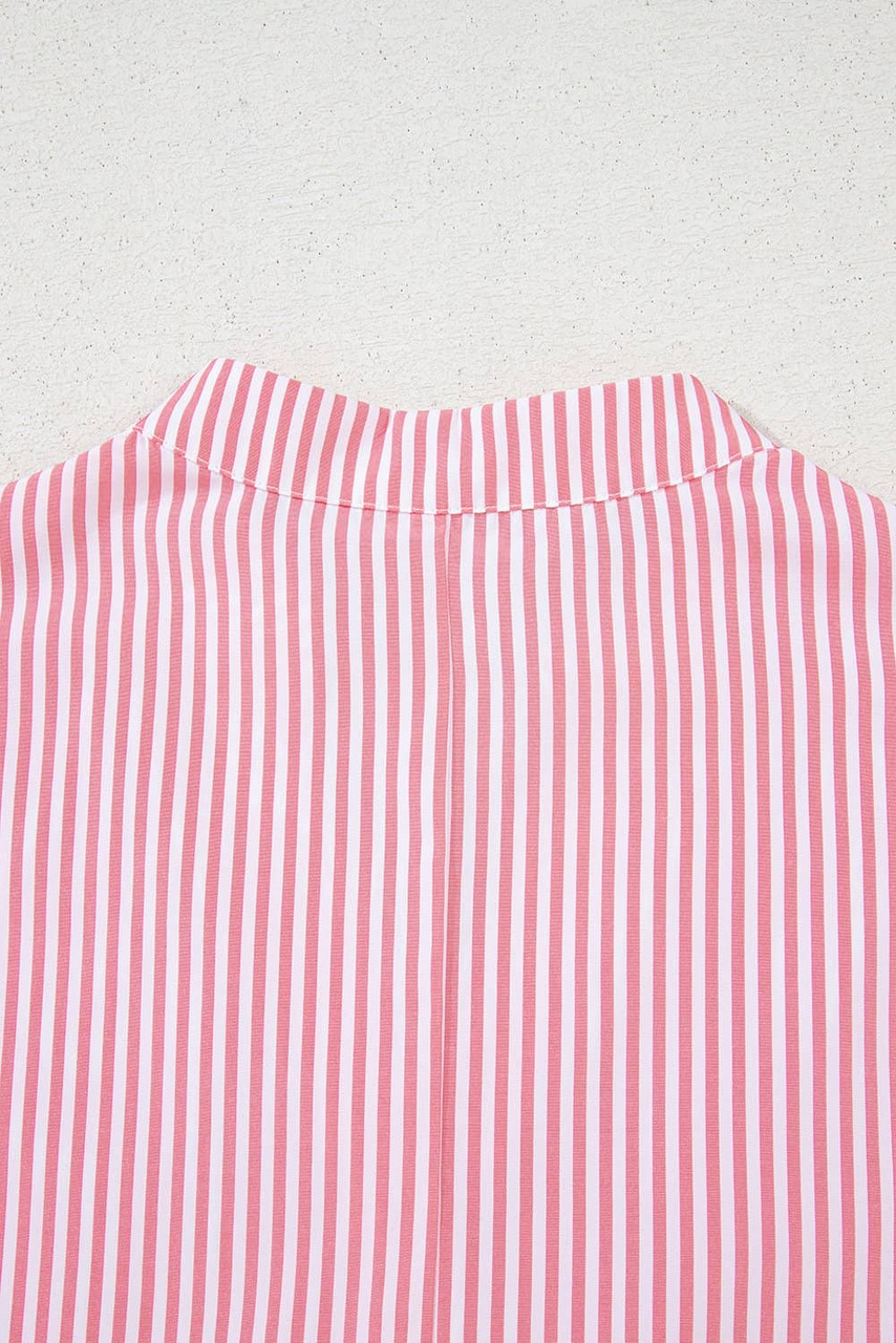 Pink Stripe Notched Neck Frilled Short Puff Sleeve Blouse Pink Stripe Notched Neck Frilled Short Puff Sleeve Blouse