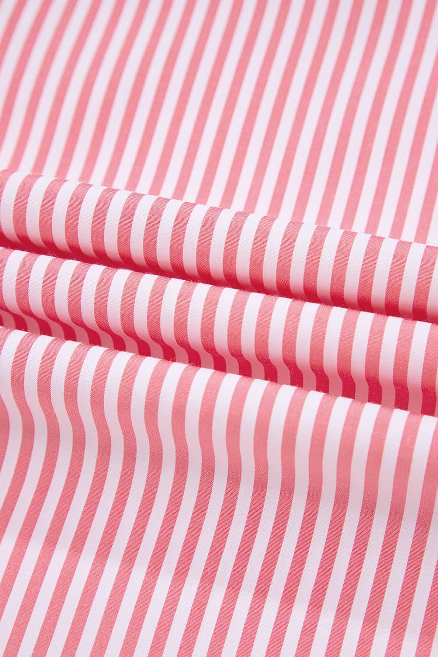 Pink Stripe Notched Neck Frilled Short Puff Sleeve Blouse Pink Stripe Notched Neck Frilled Short Puff Sleeve Blouse