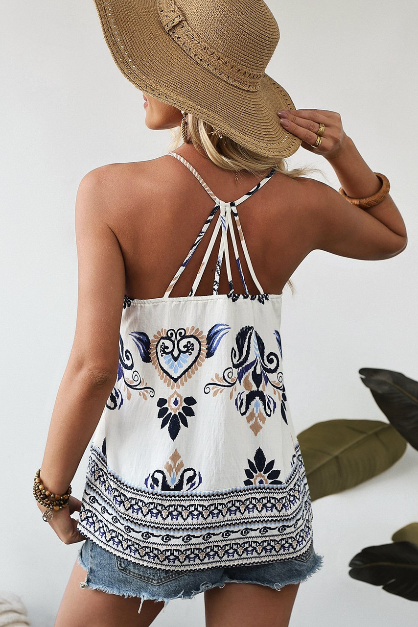 Blue Bohemian Fashion Print Spaghetti Straps Loose Tank