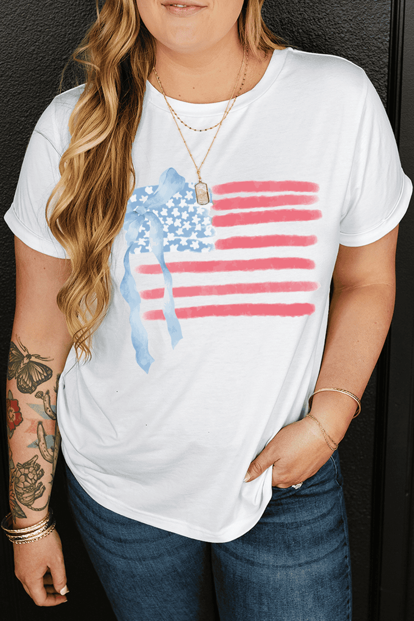 White Bow USA Flag Print Plus Size Independence Day T Shirt White Bow USA Flag Print Plus Size Independence Day T Shirt