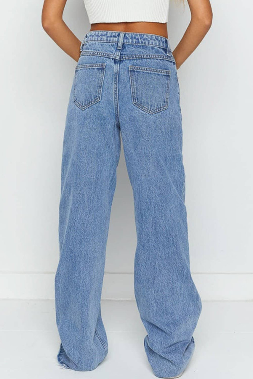 Blue Mid Rise Asymmetrical Waist Wide Leg Jeans