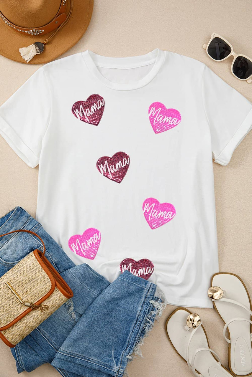 White mama Heart Shape Sequin Patched Crew Neck T Shirt