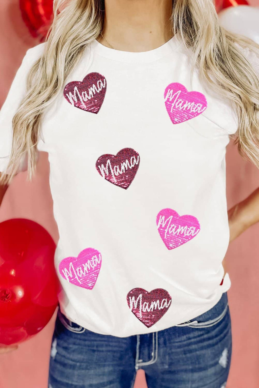 White mama Heart Shape Sequin Patched Crew Neck T Shirt