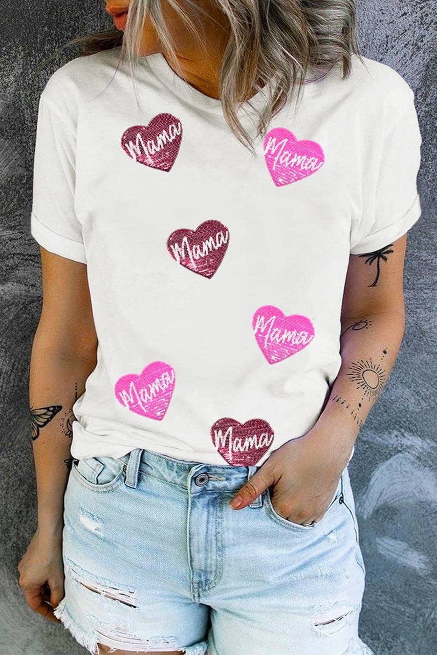 White mama Heart Shape Sequin Patched Crew Neck T Shirt