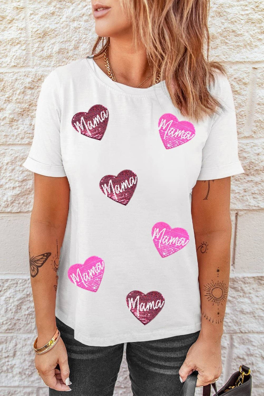 White mama Heart Shape Sequin Patched Crew Neck T Shirt