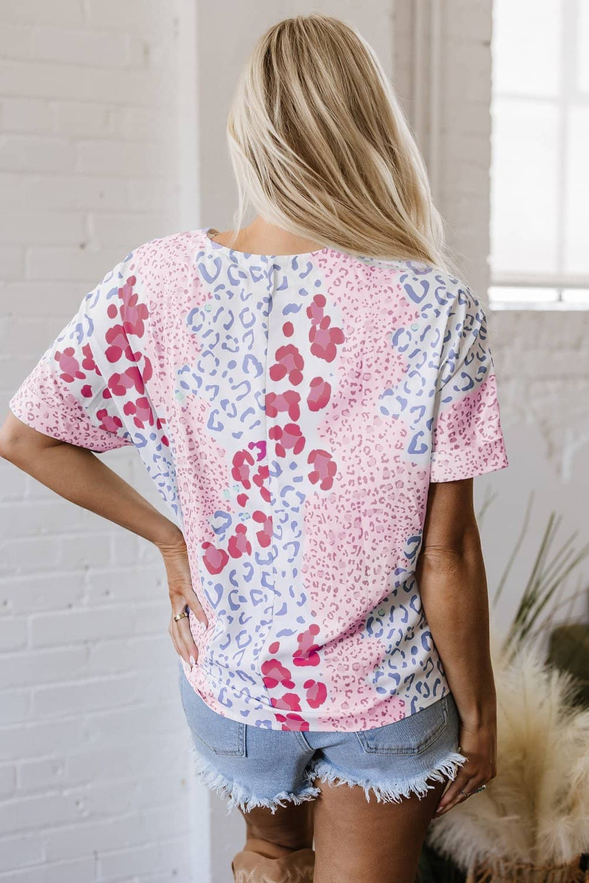 Pink Mixed Leopard Print V Neck Short Sleeve Blouse Pink Mixed Leopard Print V Neck Short Sleeve Blouse
