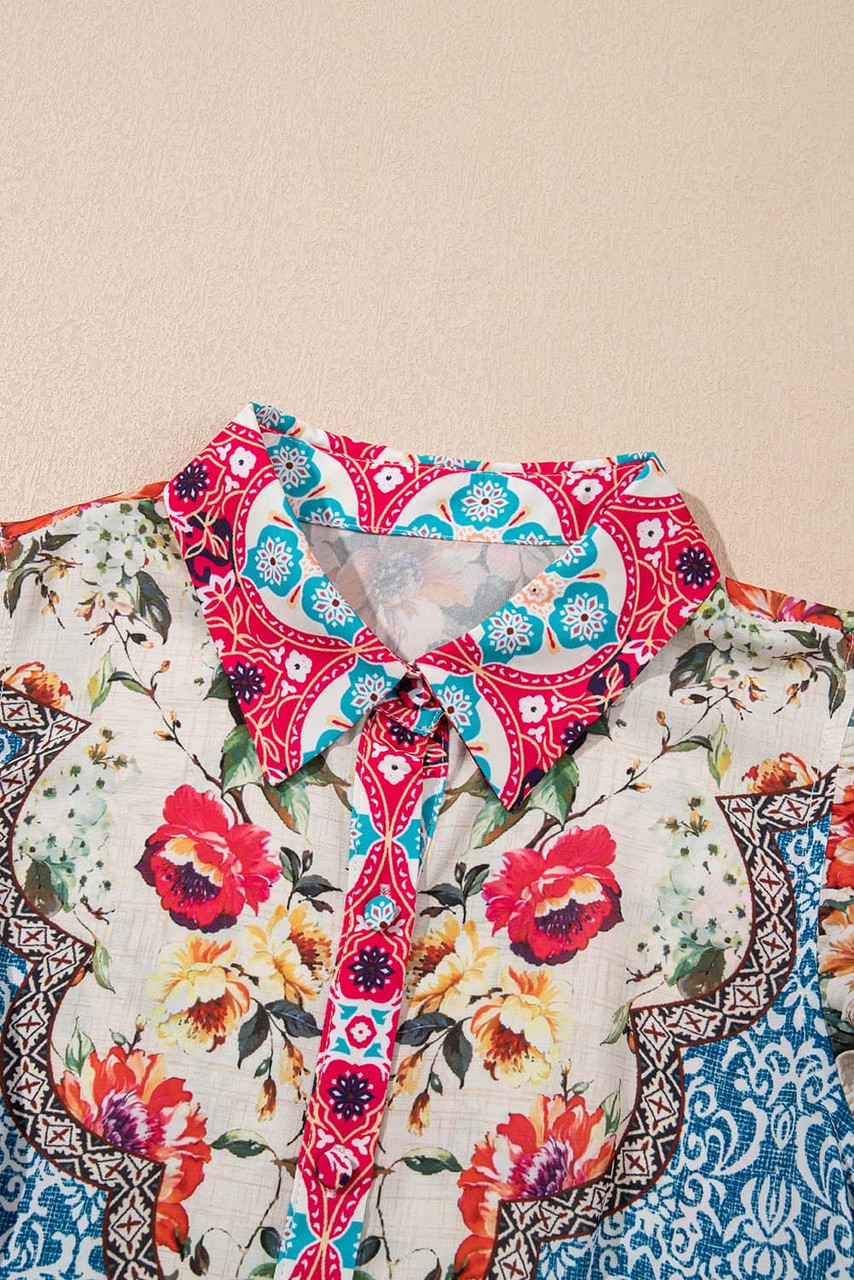 Rose Floral Mixed Pattern Ruffle Flutter Sleeve Buttoned Dress