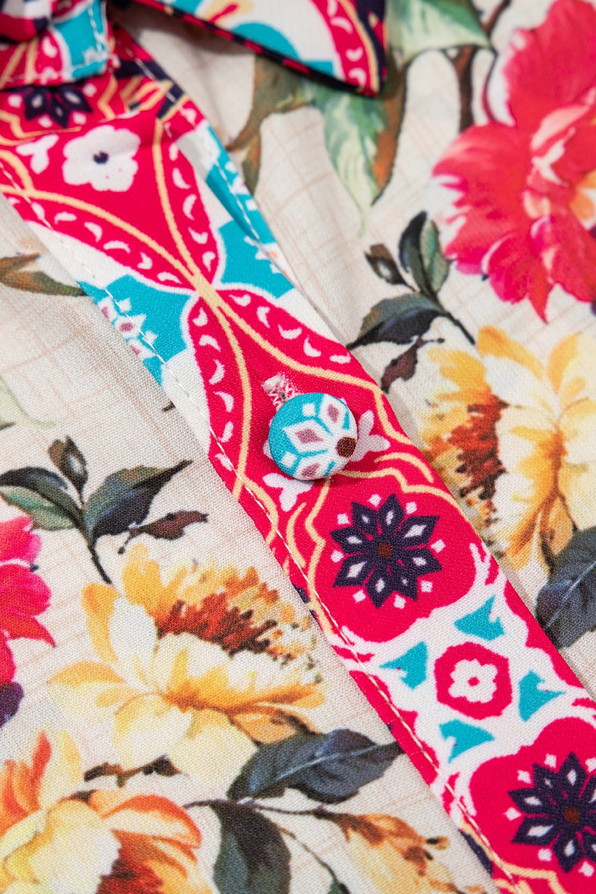 Rose Floral Mixed Pattern Ruffle Flutter Sleeve Buttoned Dress