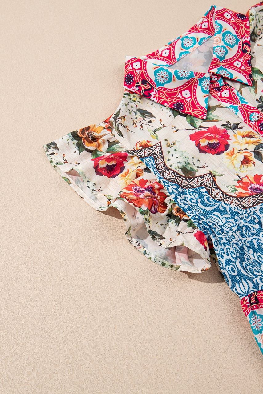 Rose Floral Mixed Pattern Ruffle Flutter Sleeve Buttoned Dress