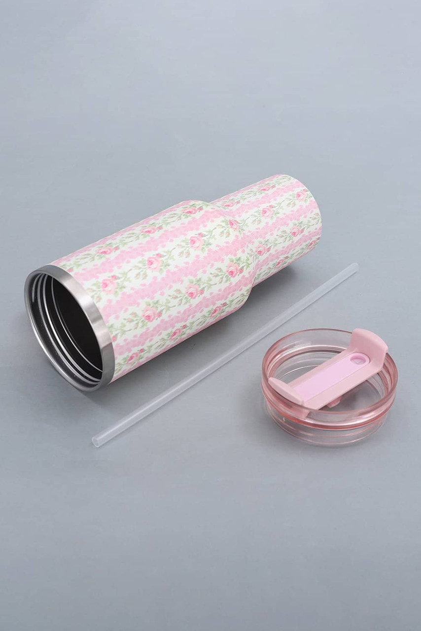 Pink Flower Print Large Insulated Tumbler with Handle 40oz