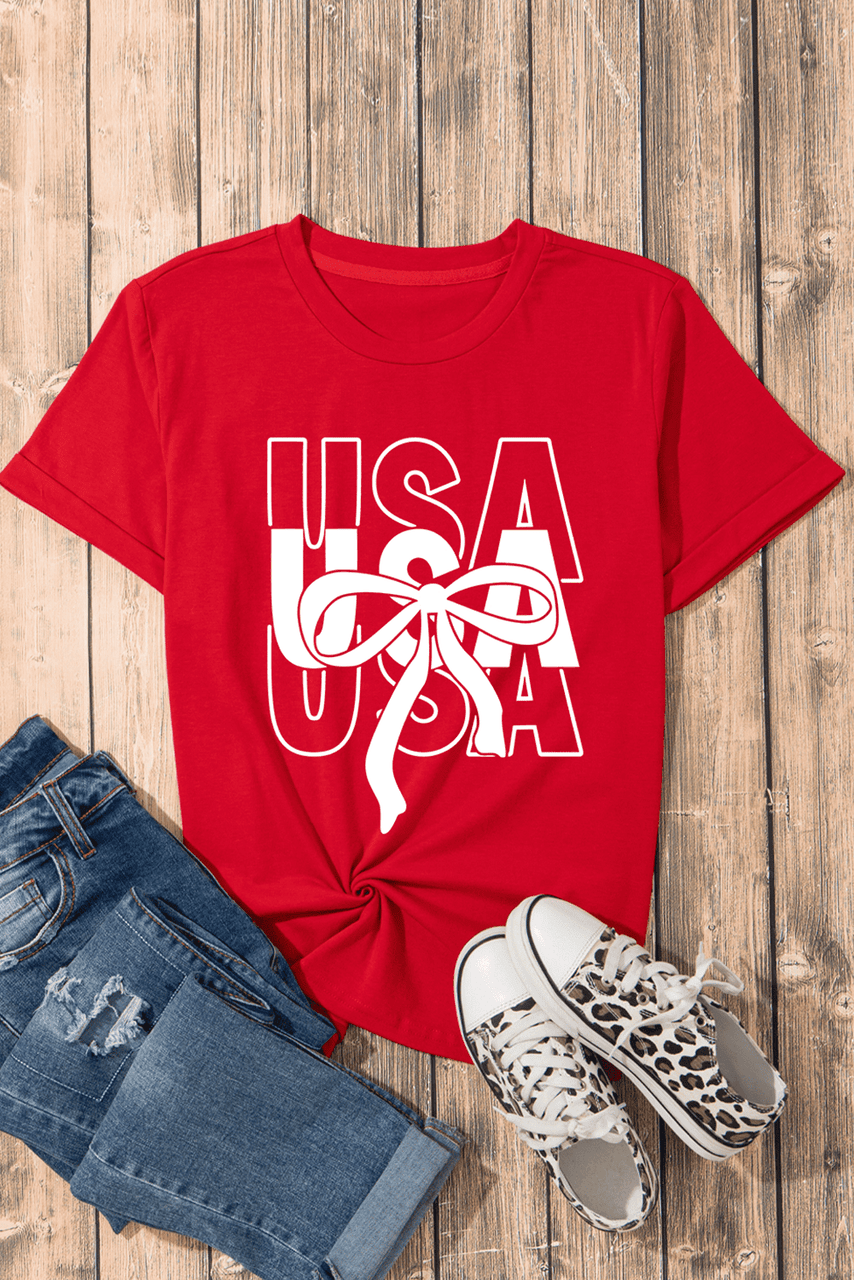 Red USA Bow Printed Casual Cotton Blend T Shirt