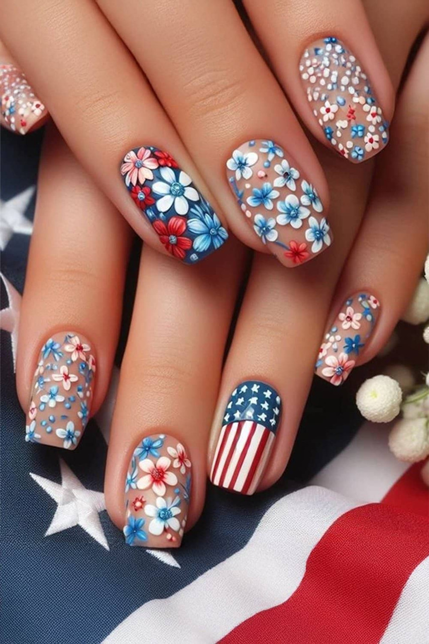 Sky Blue American Flag Flower Print Square False Nails Sky Blue American Flag Flower Print Square False Nails