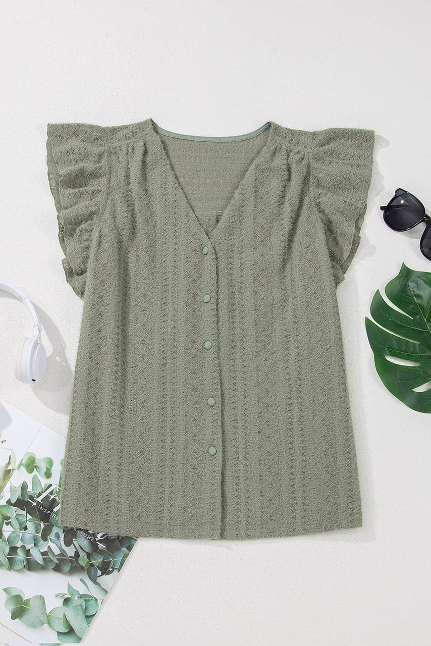 Laurel Green Flutter Sleeve Lace V Neck Shirt