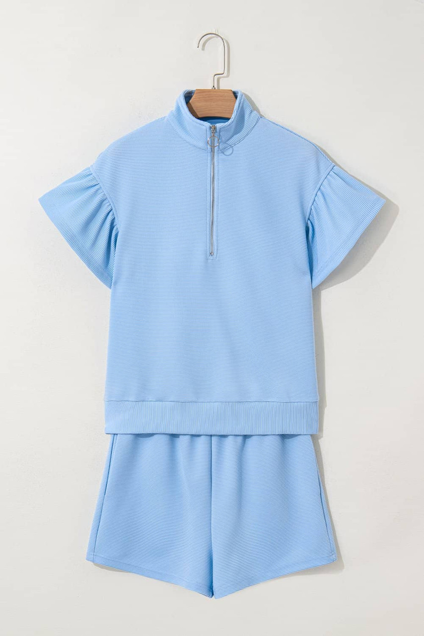 Beau Blue Ribbed Texture Half Zip Ruffled Short Sleeve Top and Shorts Set