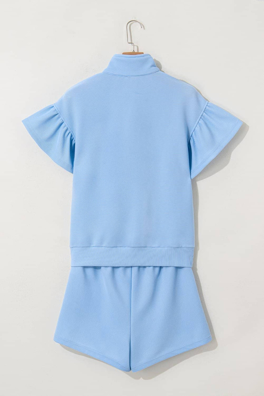 Beau Blue Ribbed Texture Half Zip Ruffled Short Sleeve Top and Shorts Set