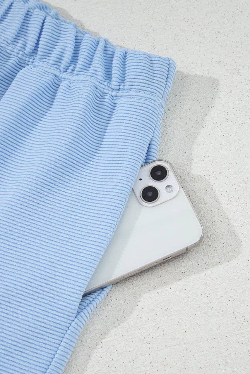 Beau Blue Ribbed Texture Half Zip Ruffled Short Sleeve Top and Shorts Set