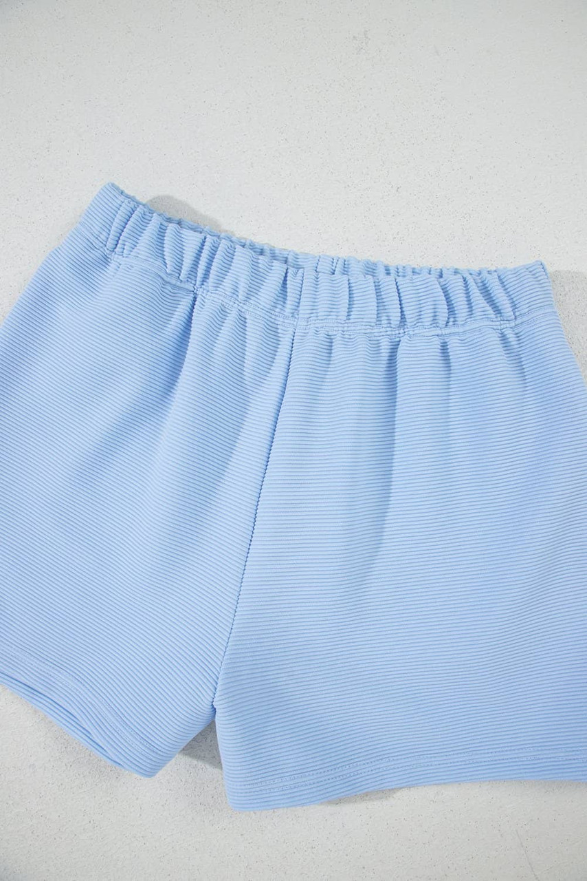 Beau Blue Ribbed Texture Half Zip Ruffled Short Sleeve Top and Shorts Set