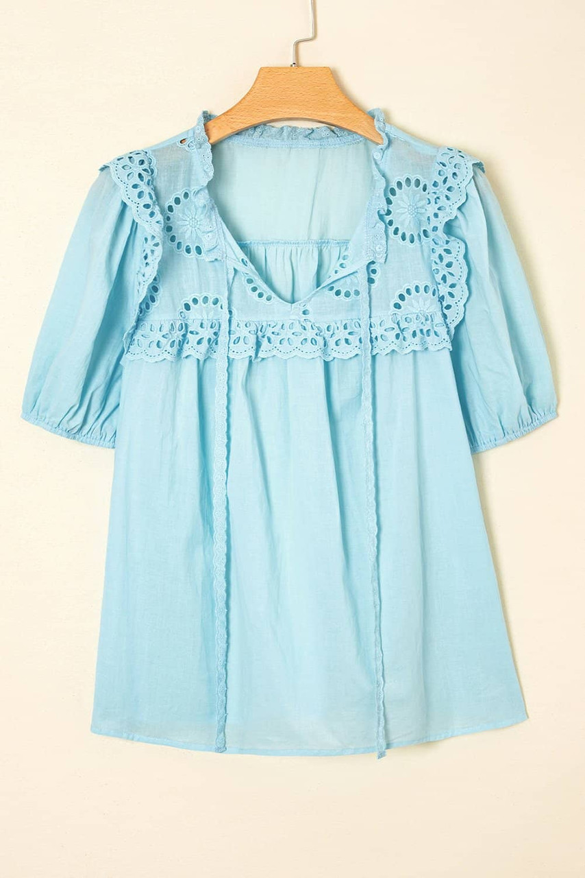 Mist Blue Embroidered Lace Patchwork Tie Neck Puff Short Sleeve Blouse