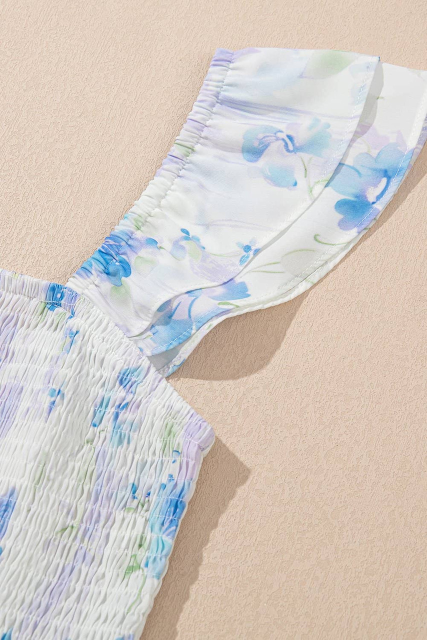 Sky Blue Floral Smocked High Waist Double Ruffle Sleeveless Long Dress