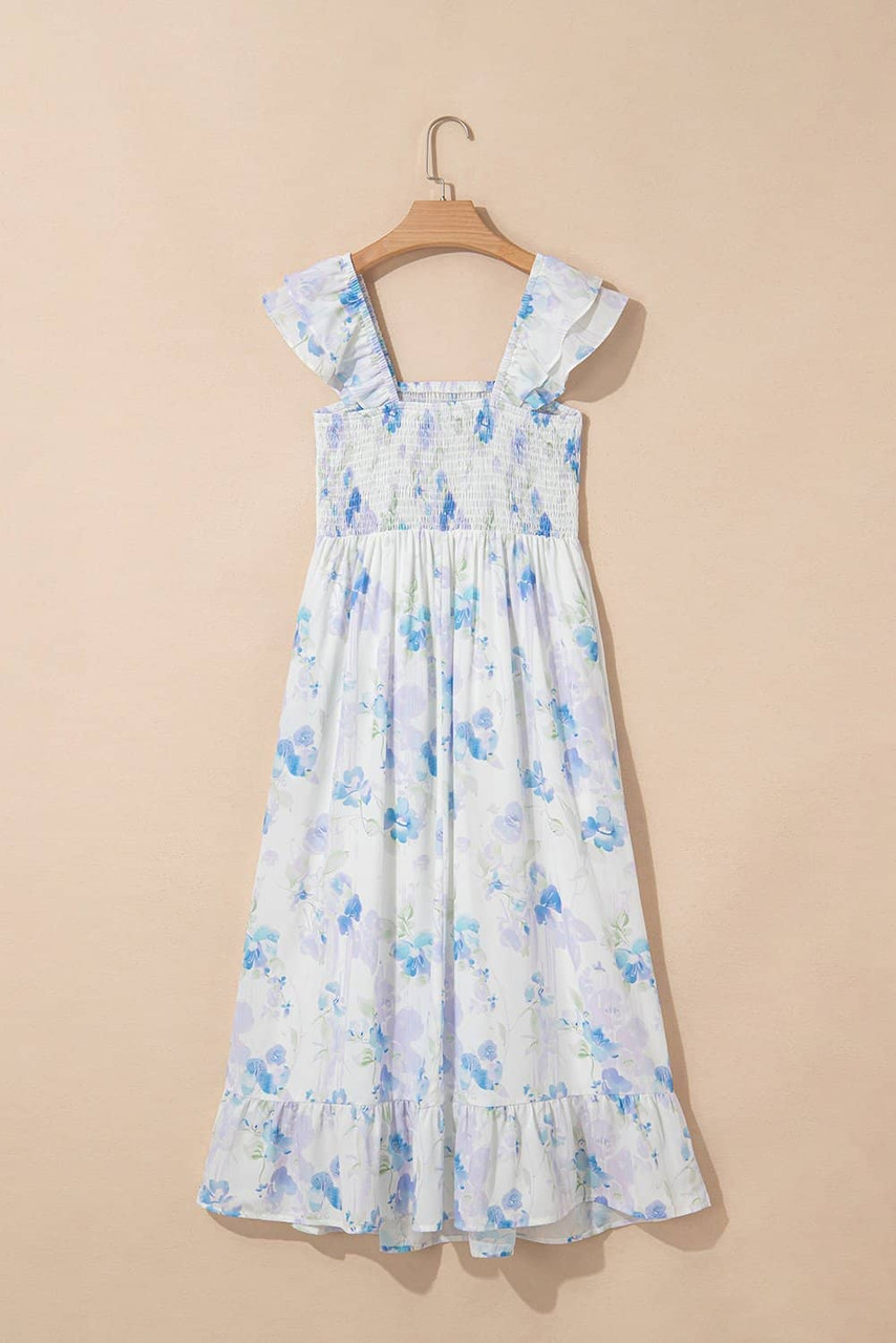 Sky Blue Floral Smocked High Waist Double Ruffle Sleeveless Long Dress