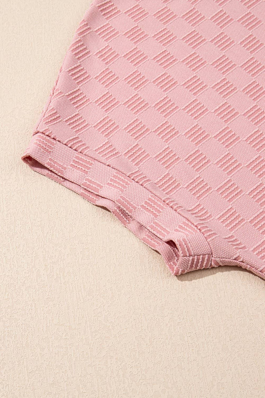 Apricot Pink Checkered Textured Round Neck T-shirt