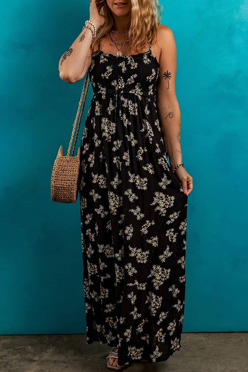Black Floral Spaghetti Strap Shirred Bodice Tied Empire Waist Maxi Dress