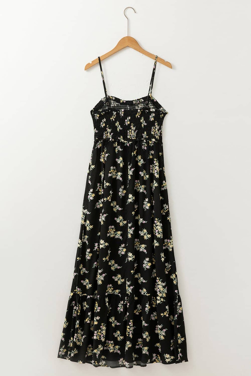 Black Floral Spaghetti Strap Shirred Bodice Tied Empire Waist Maxi Dress