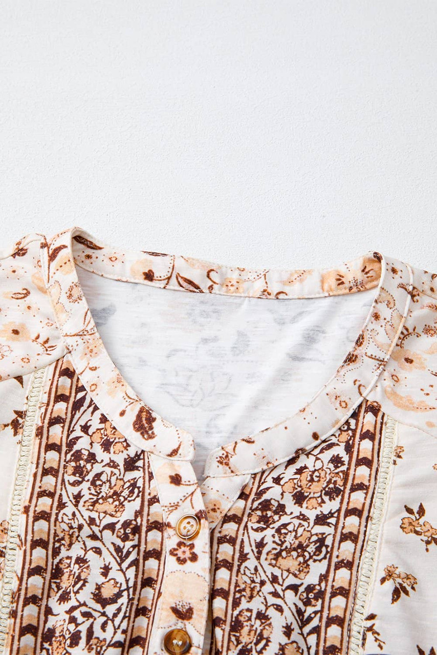 Khaki Boho Floral Print Half Placket Short Sleeve Loose Blouse