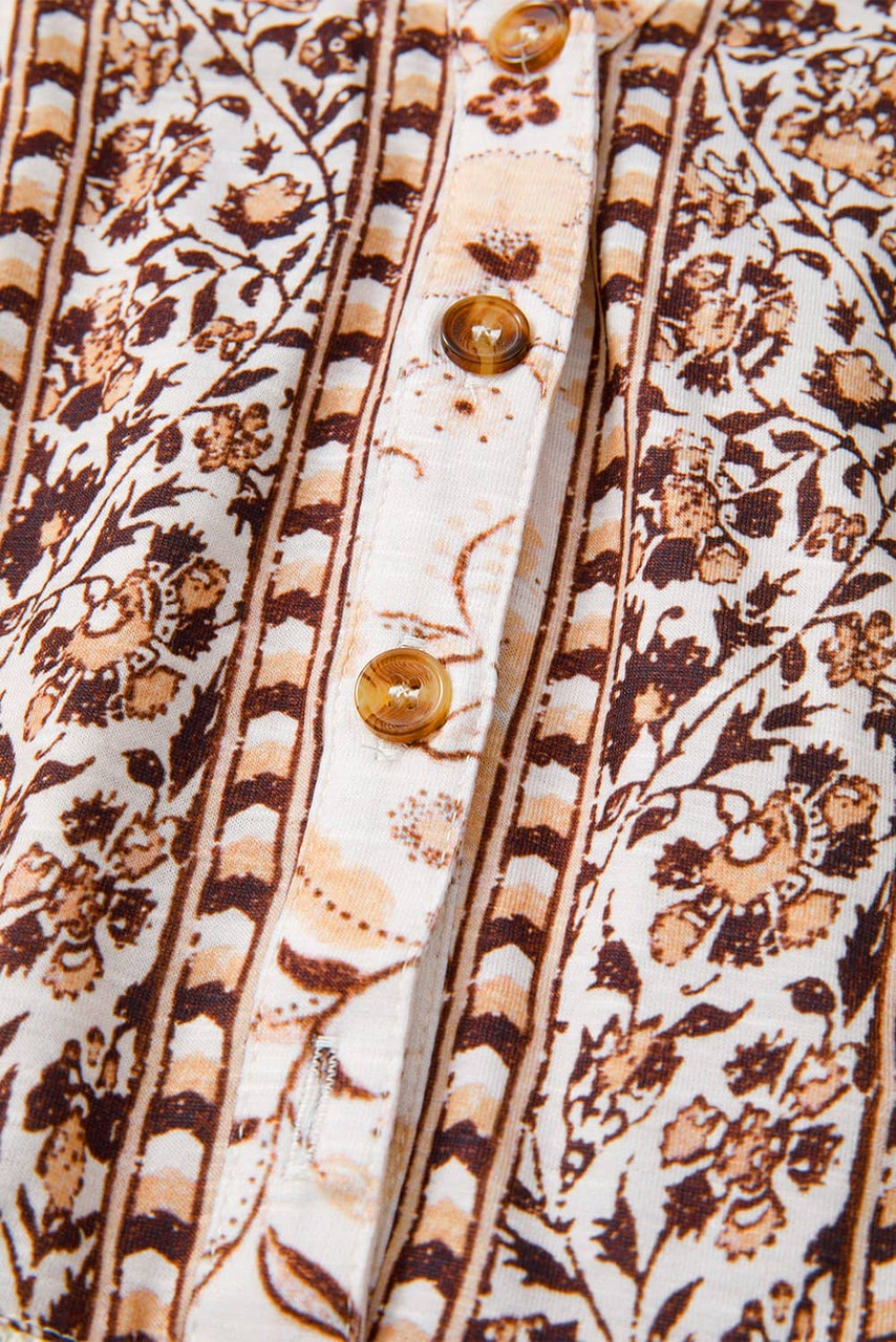 Khaki Boho Floral Print Half Placket Short Sleeve Loose Blouse