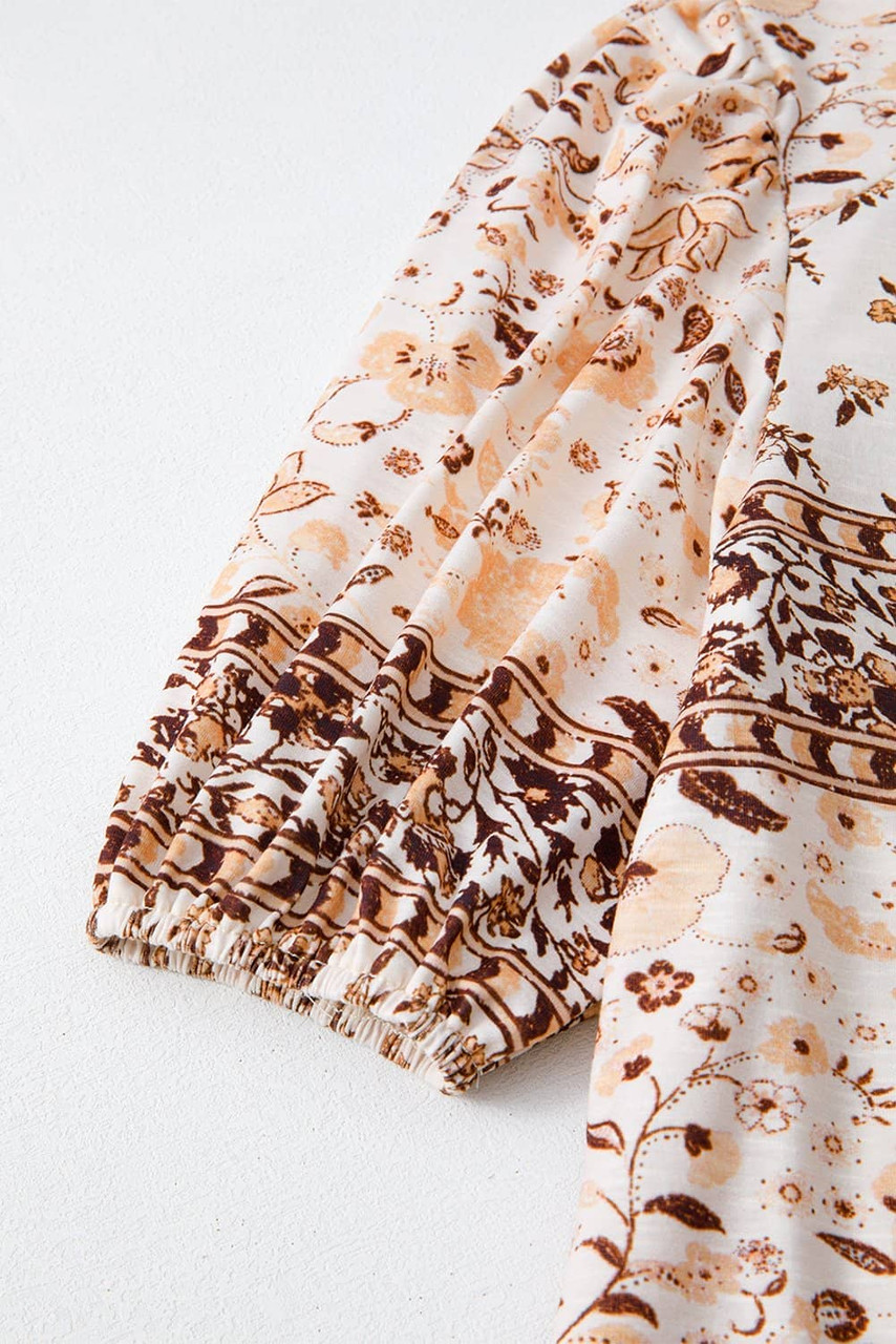 Khaki Boho Floral Print Half Placket Short Sleeve Loose Blouse