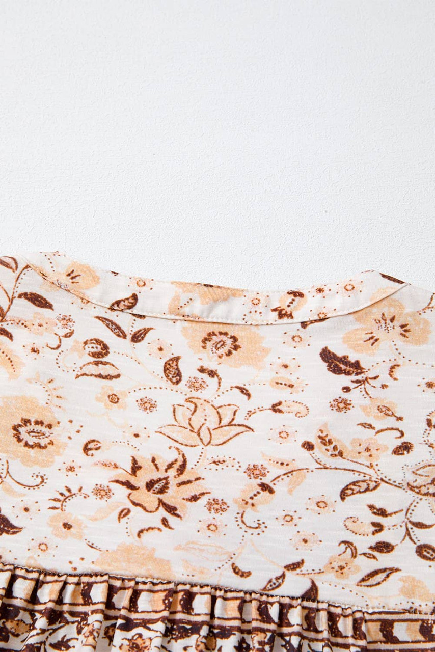 Khaki Boho Floral Print Half Placket Short Sleeve Loose Blouse