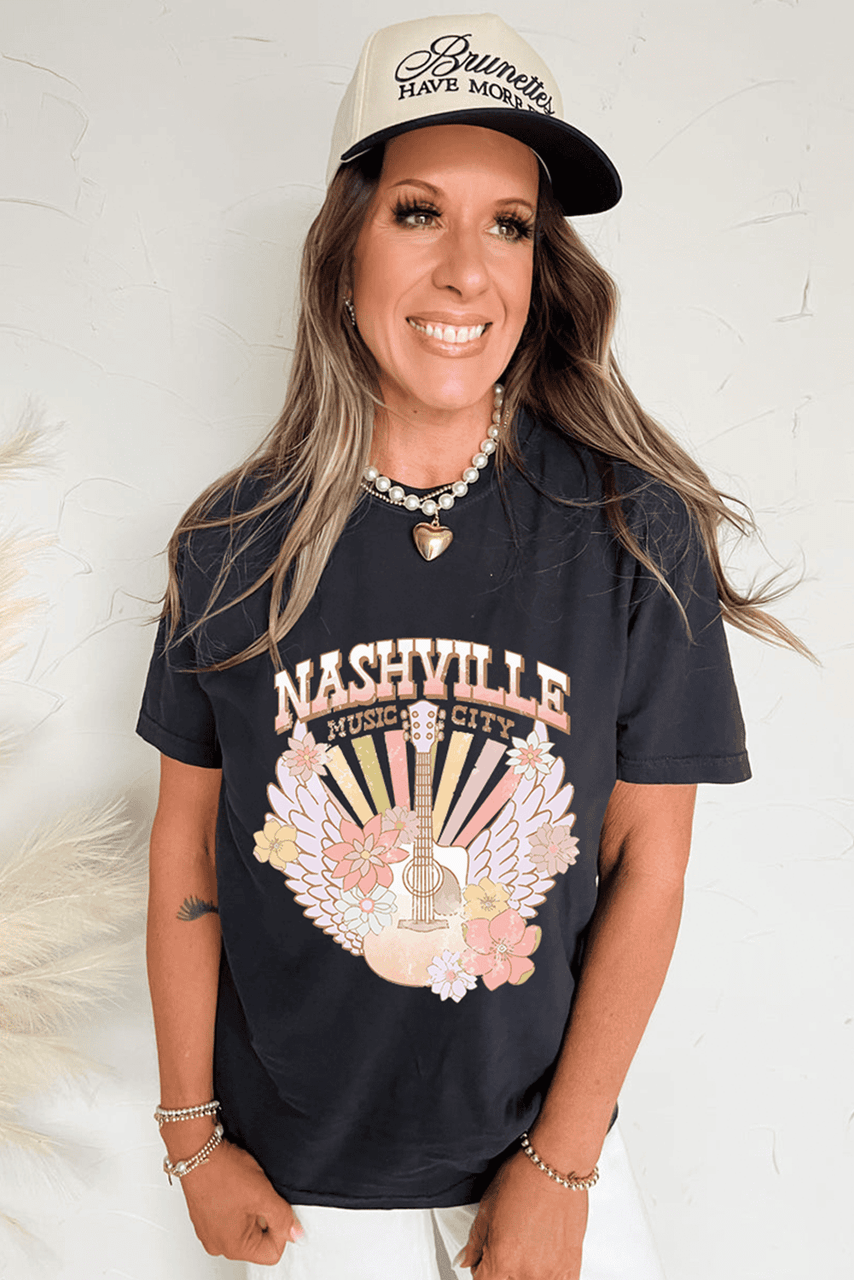 Black Nashville Music City Guitar Angel Wing Graphic Tee