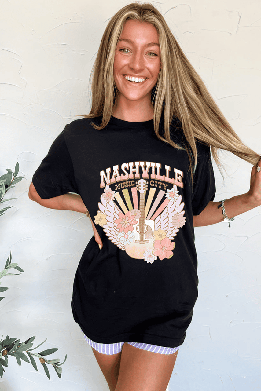 Black Nashville Music City Guitar Angel Wing Graphic Tee