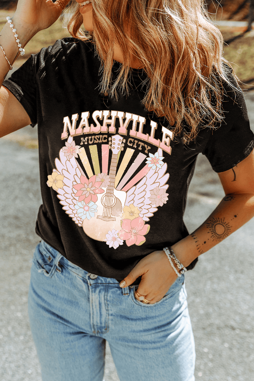 Black Nashville Music City Guitar Angel Wing Graphic Tee
