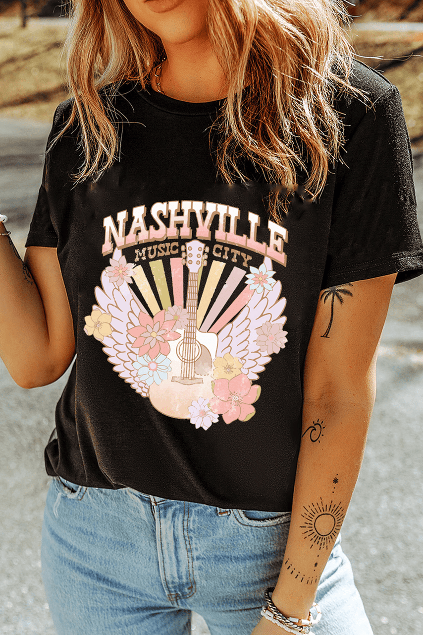 Black Nashville Music City Guitar Angel Wing Graphic Tee
