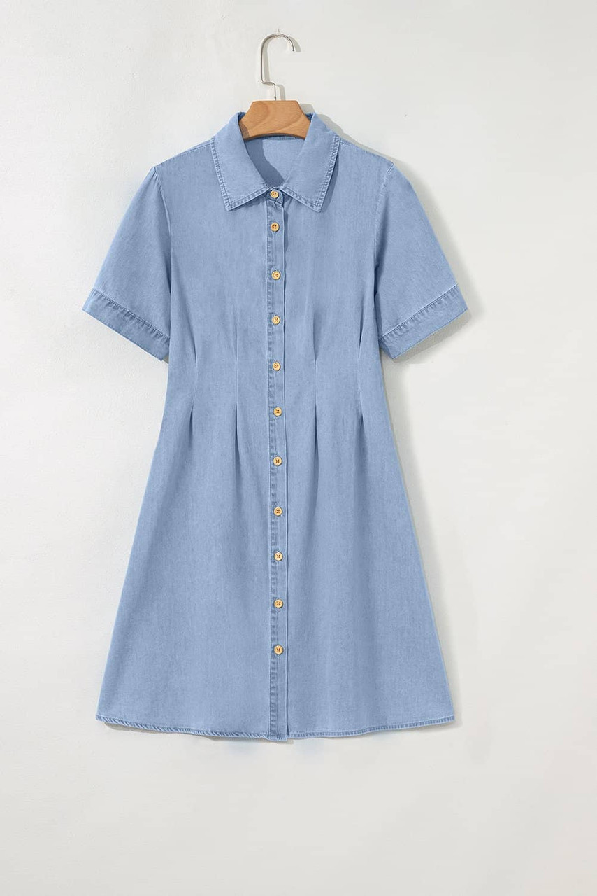 Myosotis Denim Pleated Slim Waist Short Sleeve Shirt Dress