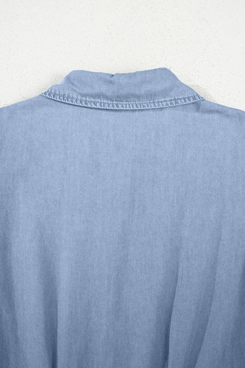 Myosotis Denim Pleated Slim Waist Short Sleeve Shirt Dress