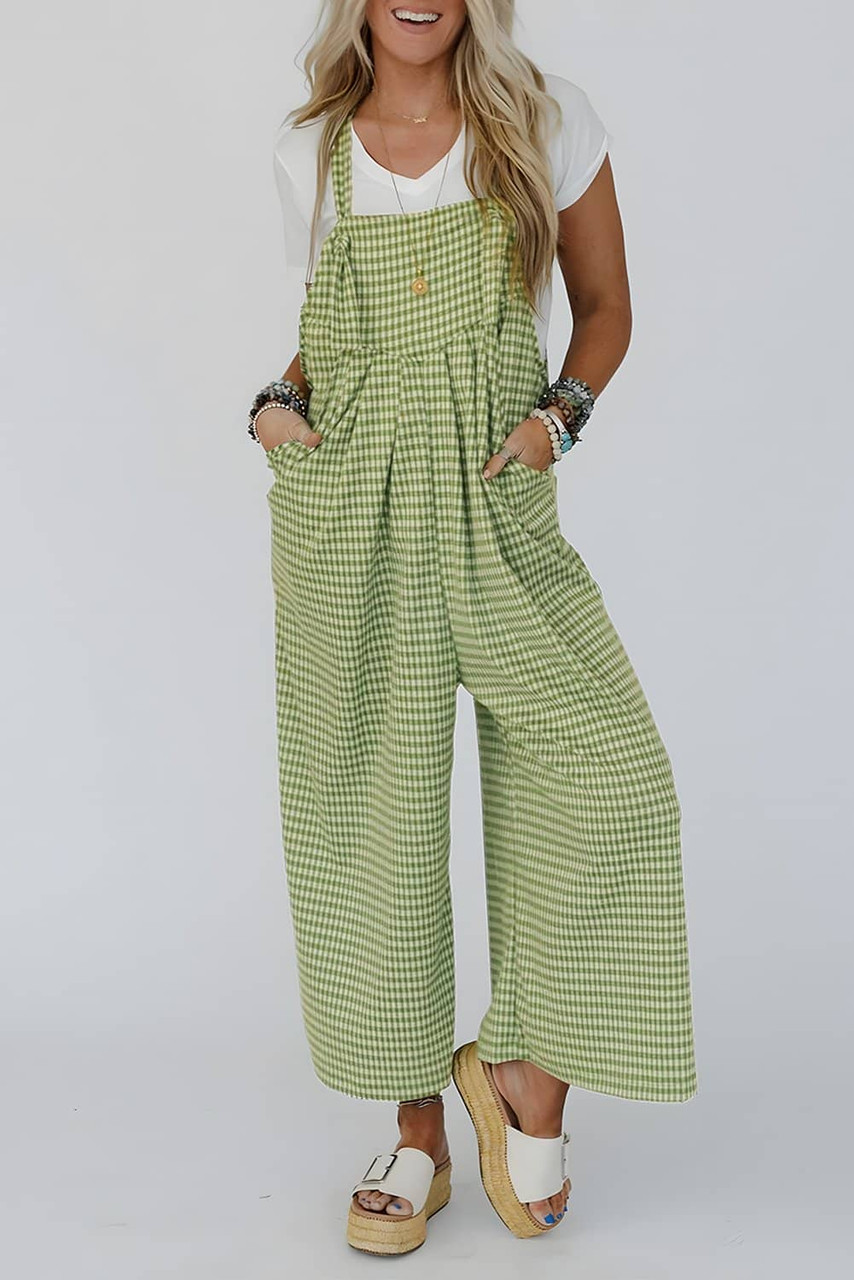 Green Gingham Wide Leg Loose Overall with Pockets