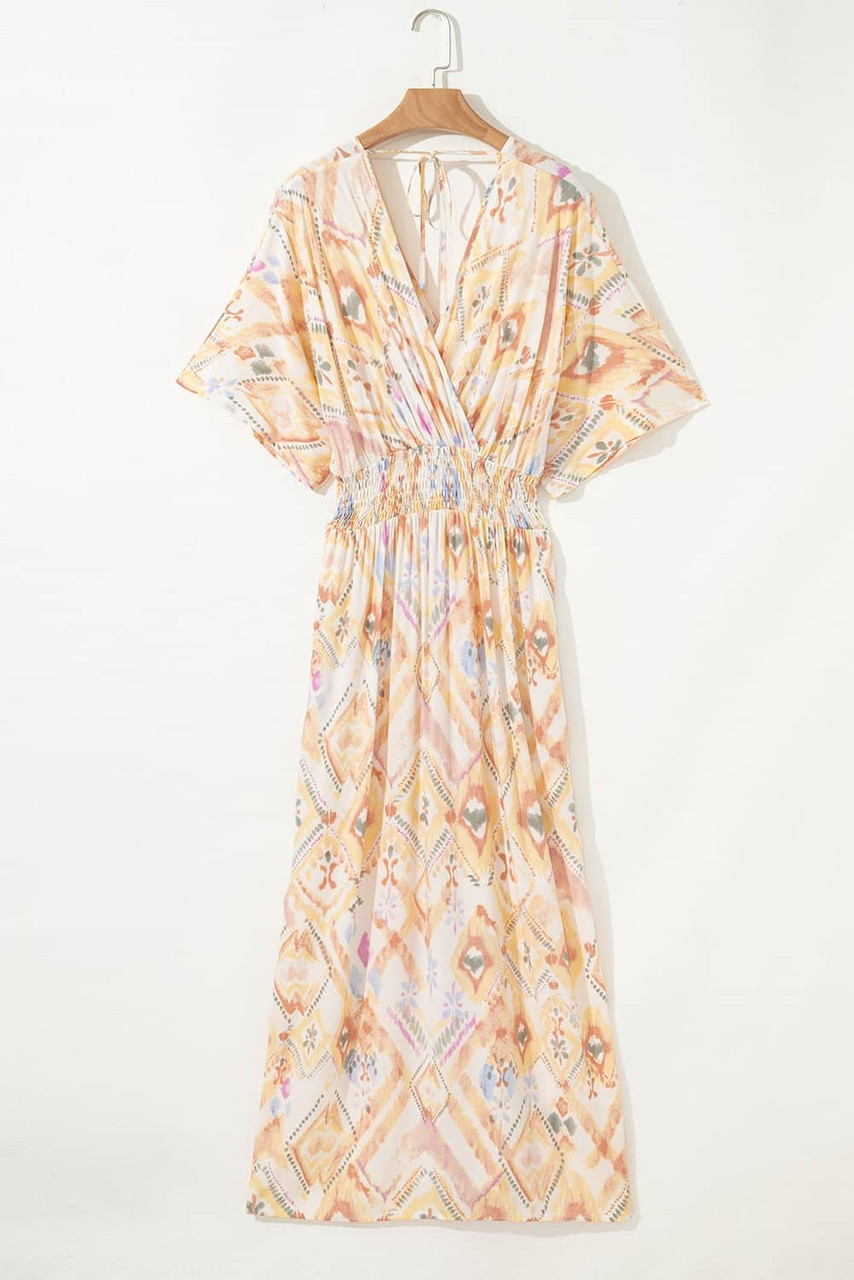 Multicolour Geometric Print Half Sleeve Shirred High Waist Maxi Dress