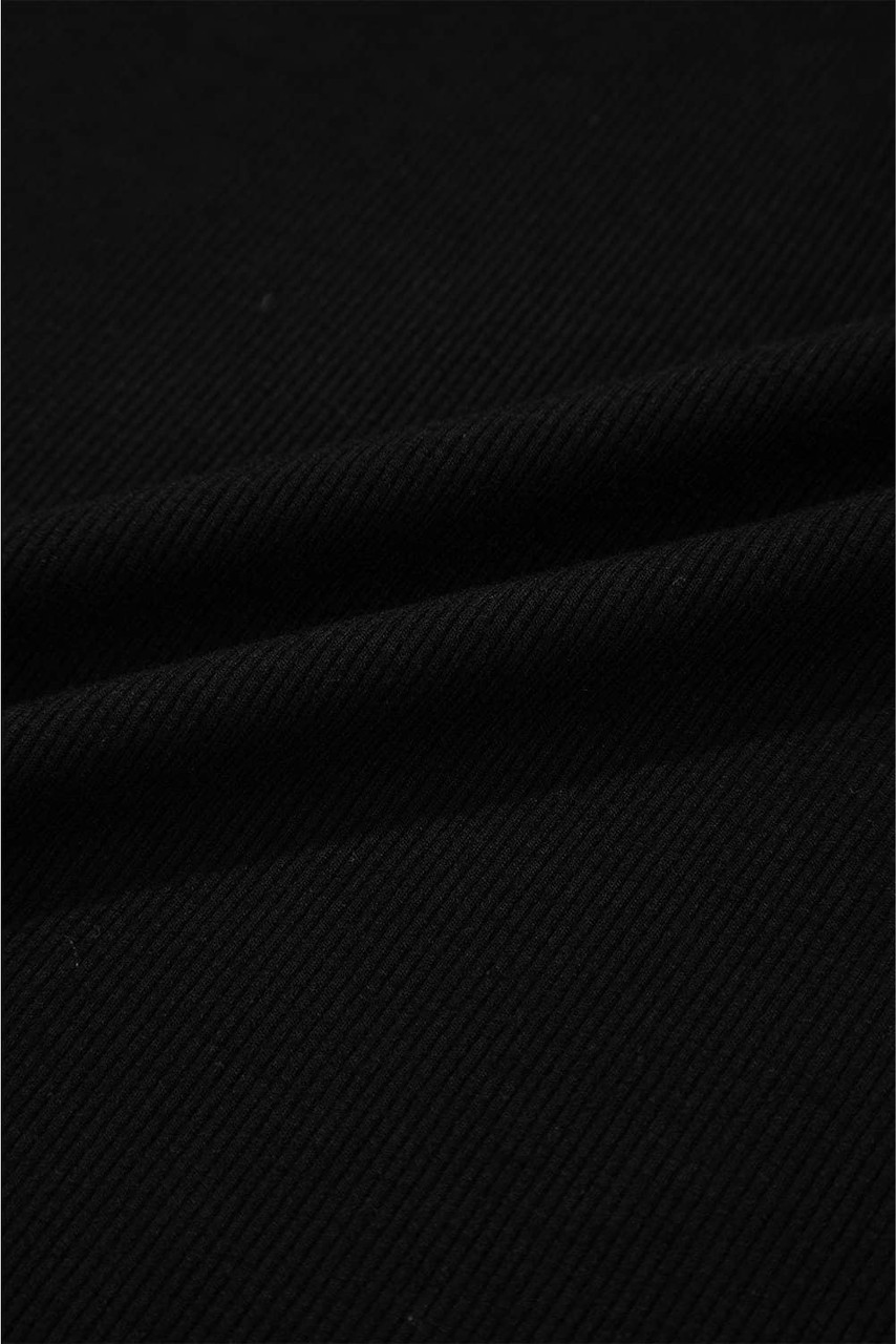 Black Ribbed Patchwork Puff Sleeve Half Button Placket Slim Fit Top