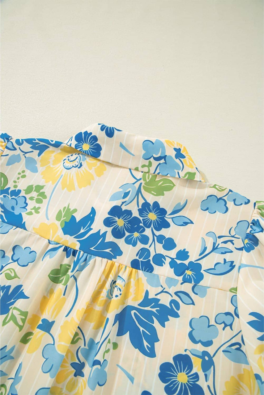 Blue Floral Striped Mixed Print Puff Short Sleeve Blouse