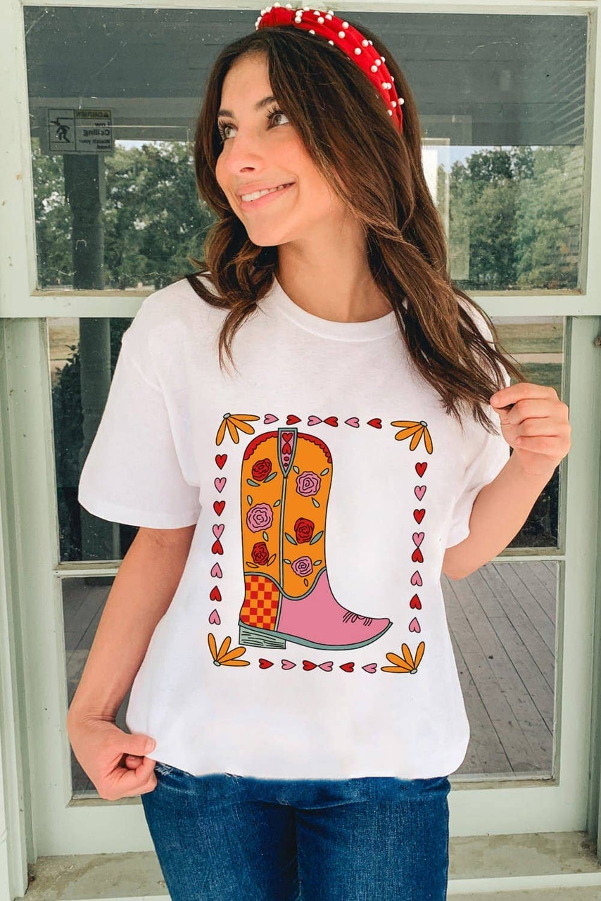 White Floral Cowgirl Boots Printed Casual T Shirt White Floral Cowgirl Boots Printed Casual T Shirt