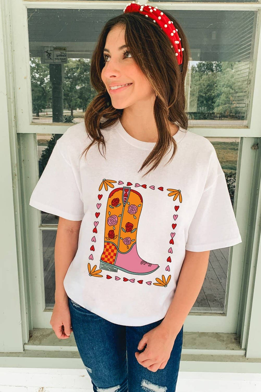 White Floral Cowgirl Boots Printed Casual T Shirt White Floral Cowgirl Boots Printed Casual T Shirt