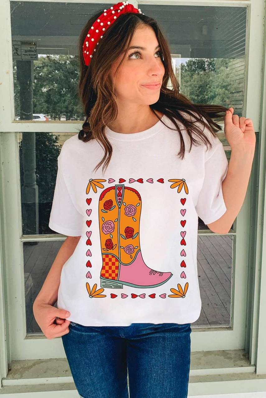 White Floral Cowgirl Boots Printed Casual T Shirt White Floral Cowgirl Boots Printed Casual T Shirt