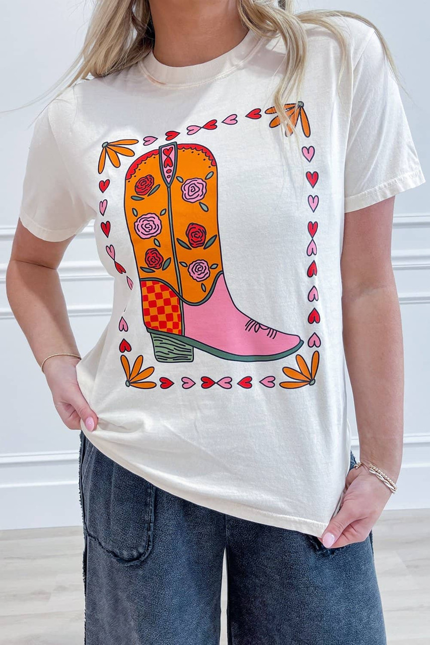 White Floral Cowgirl Boots Printed Casual T Shirt White Floral Cowgirl Boots Printed Casual T Shirt