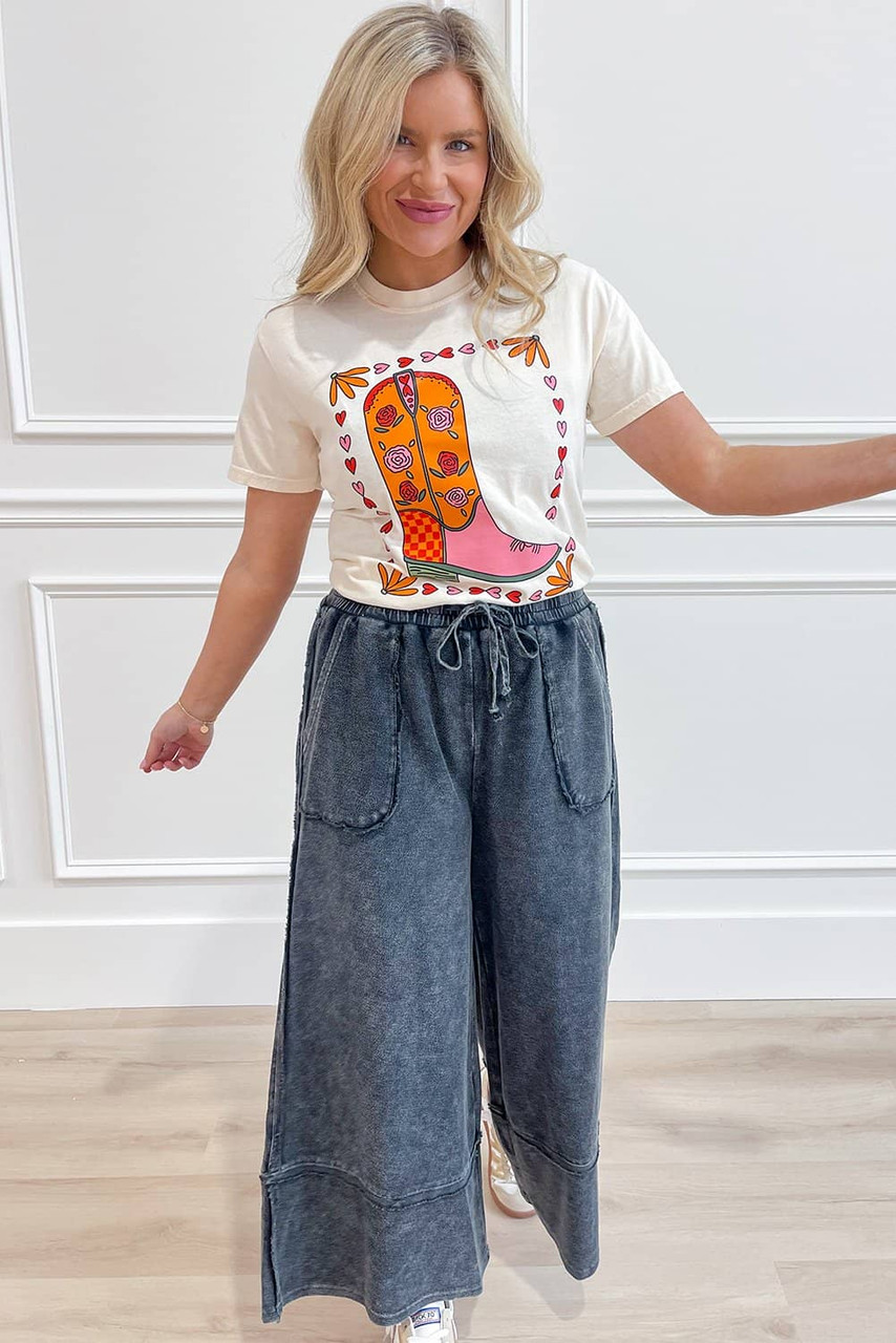 White Floral Cowgirl Boots Printed Casual T Shirt White Floral Cowgirl Boots Printed Casual T Shirt