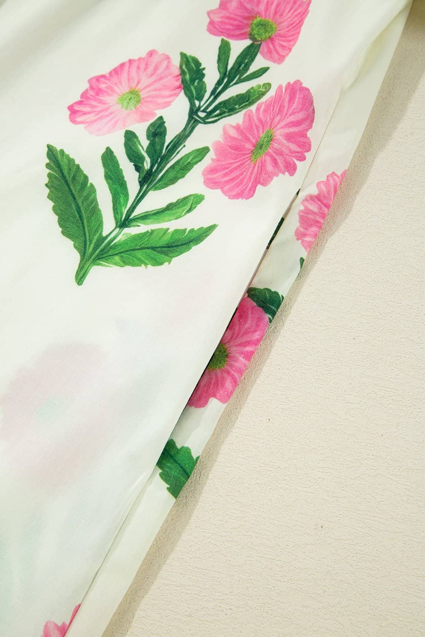 Apricot Floral Short Sleeve Split Neck Loose Mini Dress