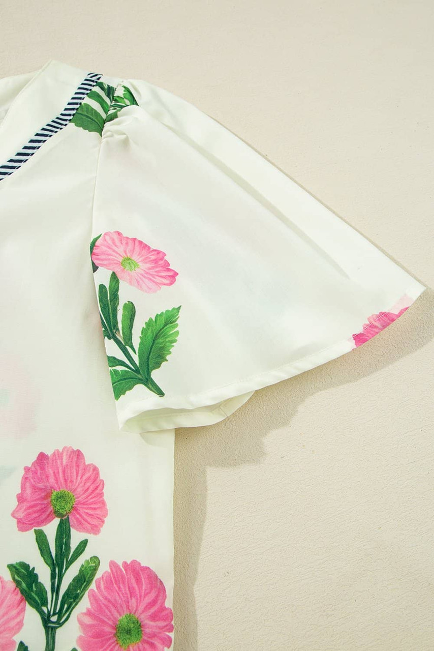 Apricot Floral Short Sleeve Split Neck Loose Mini Dress